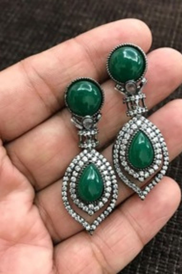 Graceful Fusion: Long Earrings with Green and White Stone Accents