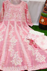 Anarkali Kurta Set with Zari Embroidery and Tassels in Soft Cotton