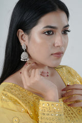 Ethereal Silver Polish Jhumka with White Stones and Pearl Hangings