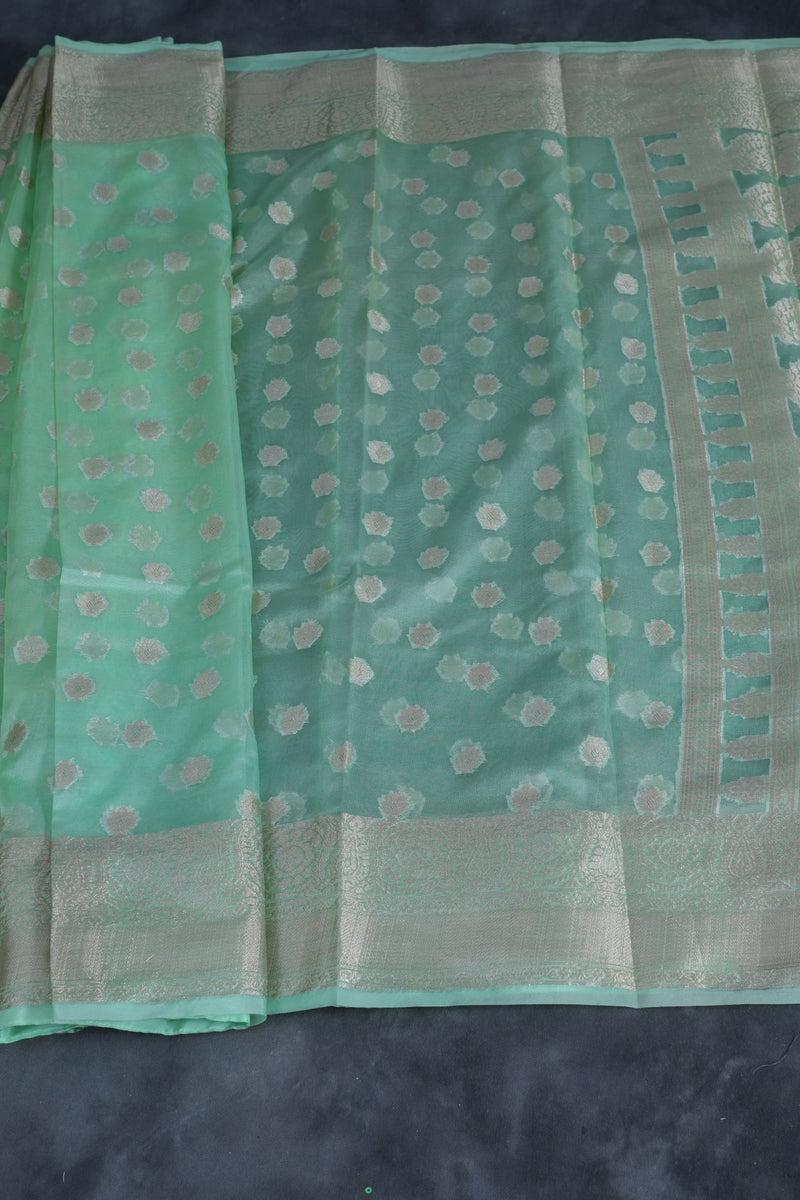 Handwoven Banarasi Kora Silk Saree with Detailed Patterns - Traditional