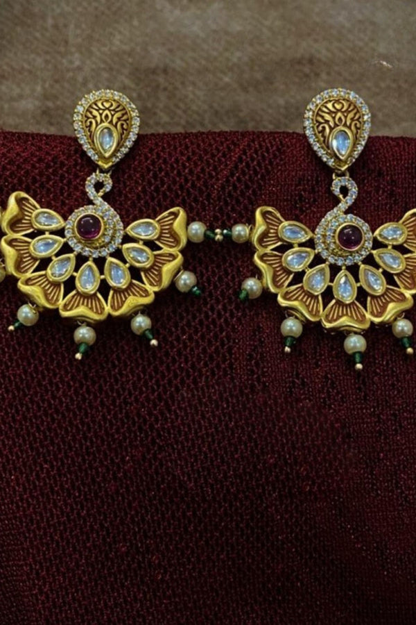 Antique Gold Plated Long Kundan Earrings with Pink and Green Stones