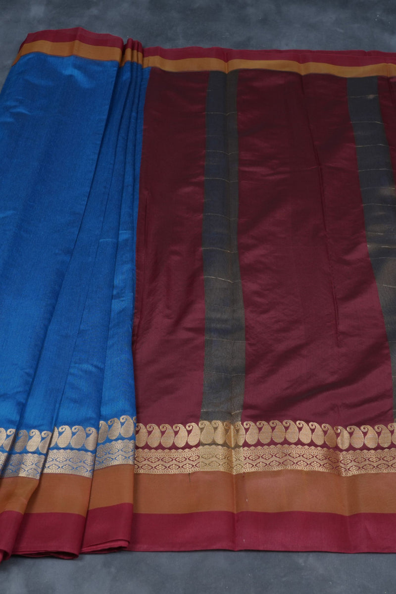 Silk Cotton Saree with Zari Border, Line Pallu and Stitched Blouse
