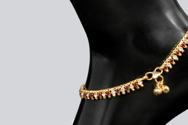 GoldGold-Plated Anklet with Red and White Stones - Elegant Glamour