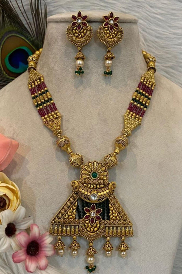 Antique Gold-Plated, Kundan Stone Long Necklace Set | Vibrant Beadwork