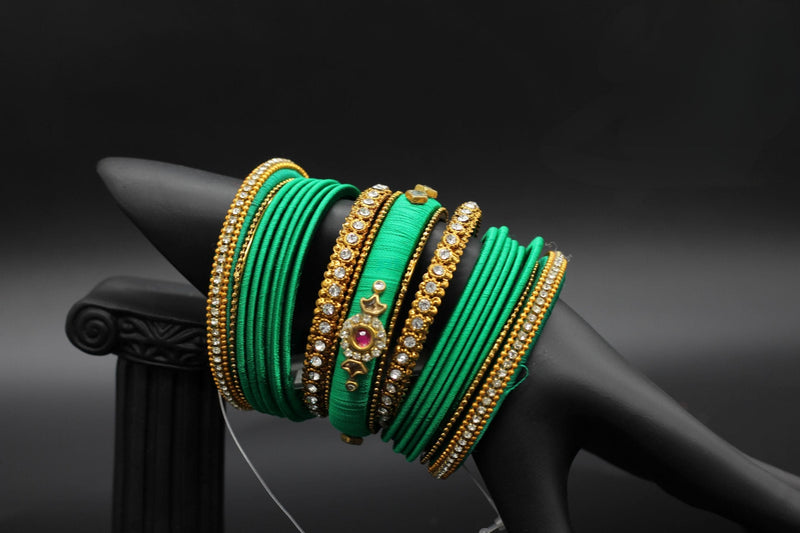 Silk Thread Bangles with Kundan and Stone Work in Green Color