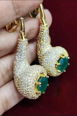 Gold-Plated American Diamond Earrings with Radiant Green Stone