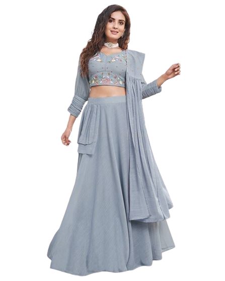 Crop top with skirt. Fancy Lehenga in Grey, Fully stitched