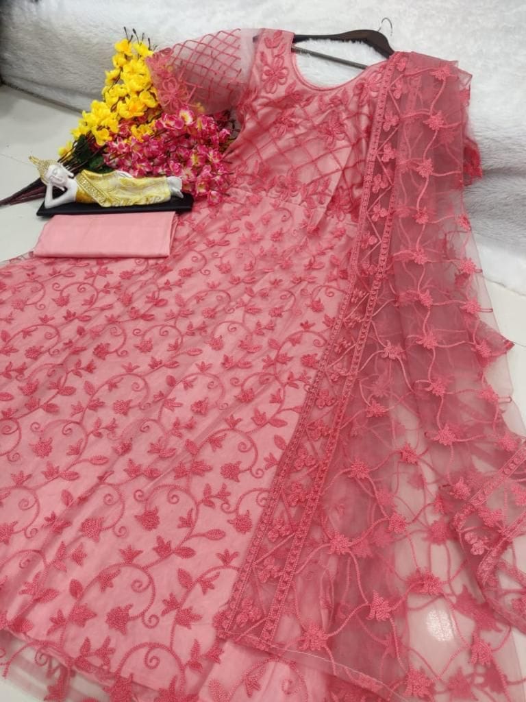 Dazzling Pinkish Peach Net Long Kurti Gown with Intricate Embroidery KURTI JCS Fashions Pinkish Peach Large (40)