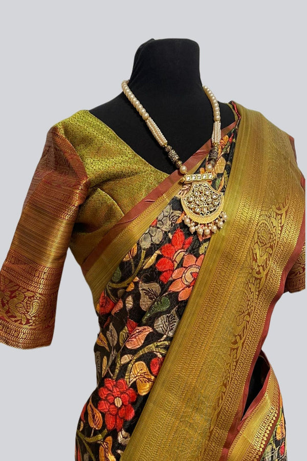 Peacock Design Traditional Kalamkari Saree With Blouse