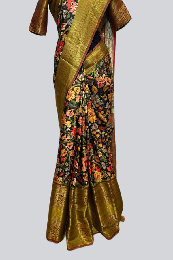 Peacock Design Traditional Kalamkari Saree With Blouse