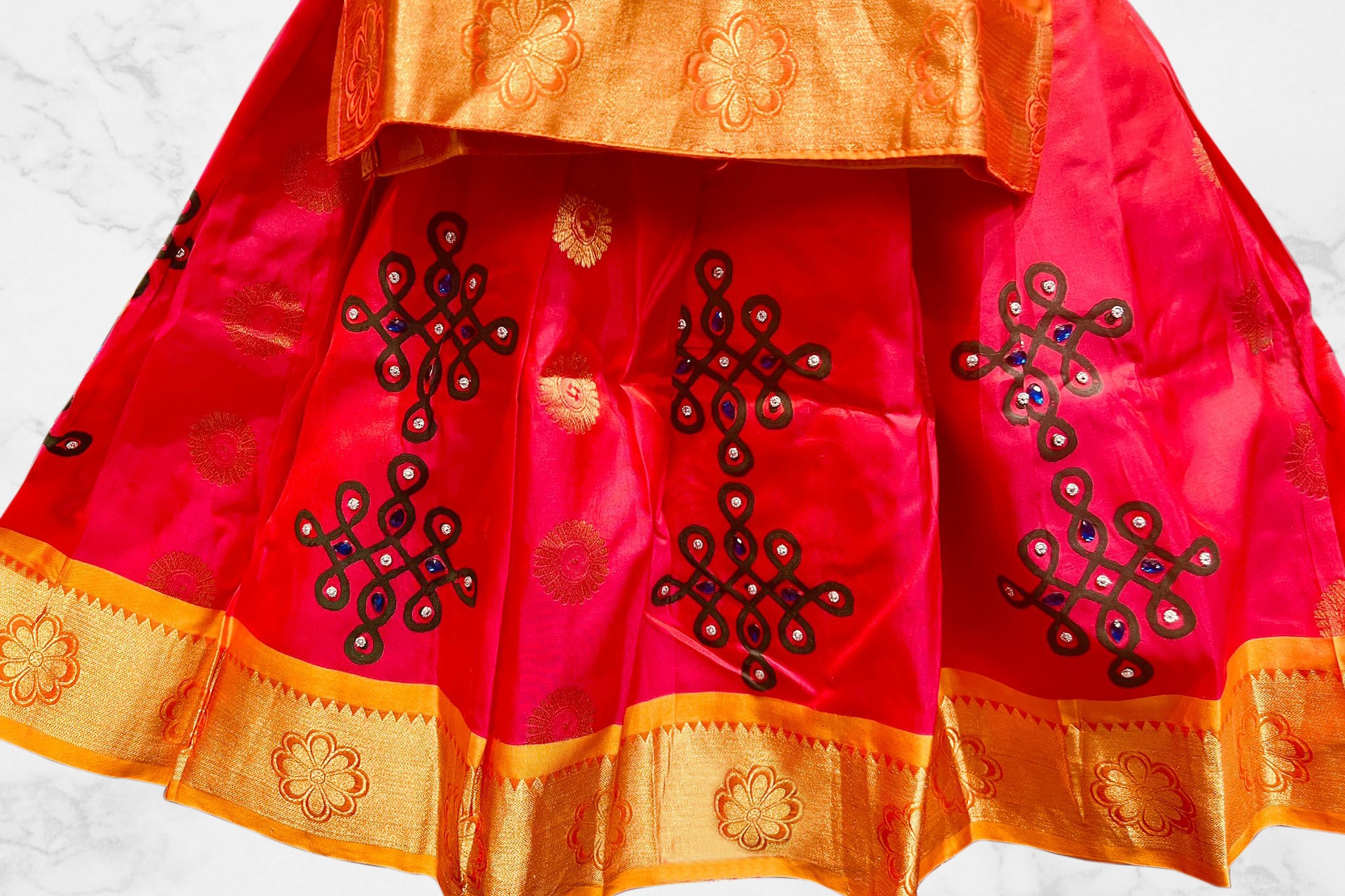 Silk Mark Certified Pure Silk Pattu Pavadai Set with Attached Sleeves Kids JCS Fashions
