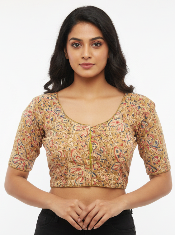 Green Kalamkari Cotton Padded Blouse - Readymade