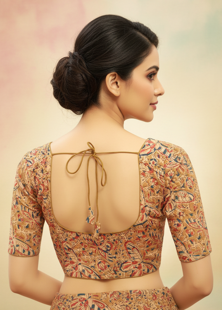 Green Kalamkari Cotton Padded Blouse - Readymade