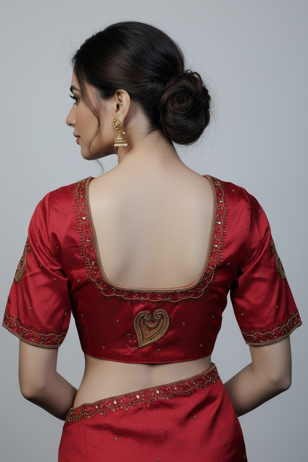Red Aari Work Silk Blouse - Bridal Designer