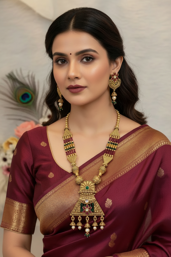Green Antique Gold-Plated, Kundan Stone Long Necklace