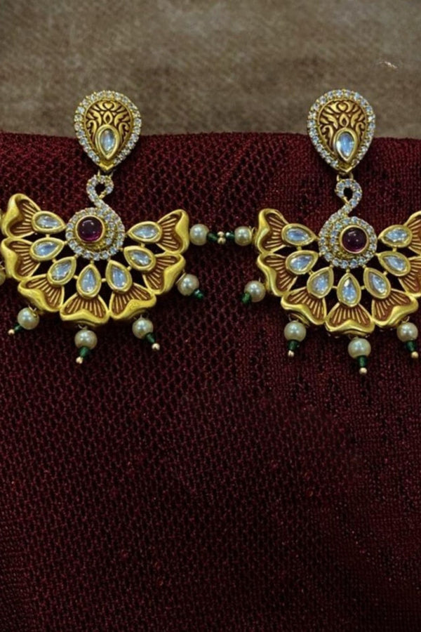 Antique Gold Plated Long Kundan Earrings with Pink and Green Stones Jewelry JCS Fashions Pink and Green 1.5"