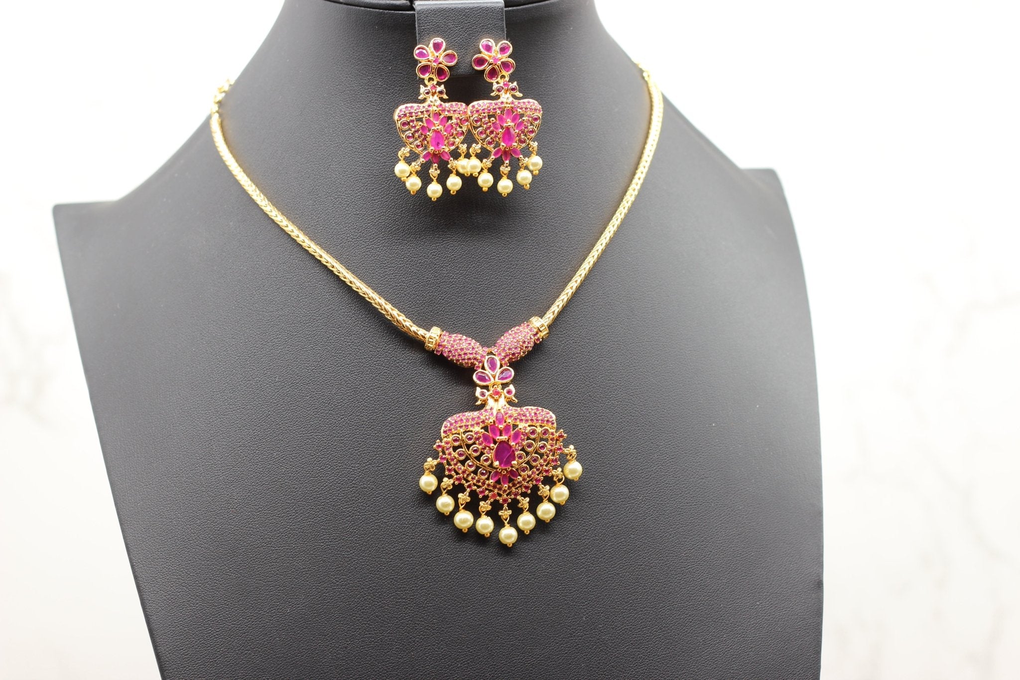Attigai Pink Stone & Bead Chain and Earring Set in Gold Polish Jewelry JCS Fashions Pink 9.5"