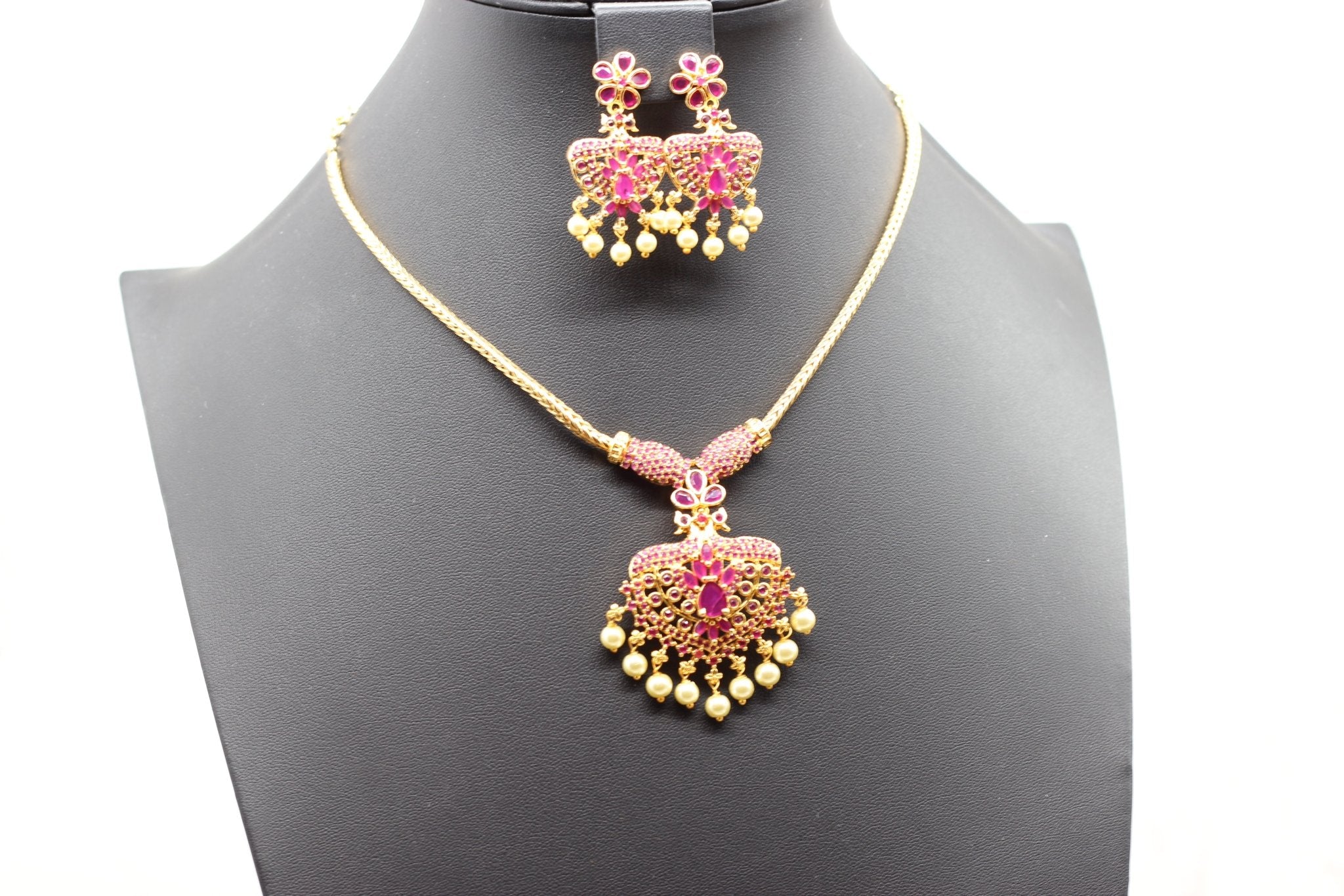 Attigai Pink Stone & Bead Chain and Earring Set in Gold Polish Jewelry JCS Fashions