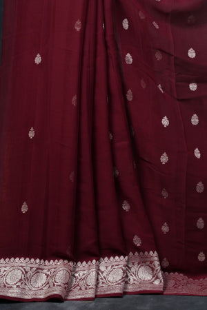 Maroon Authentic Banarasi Chiffon Saree - Silver Zari