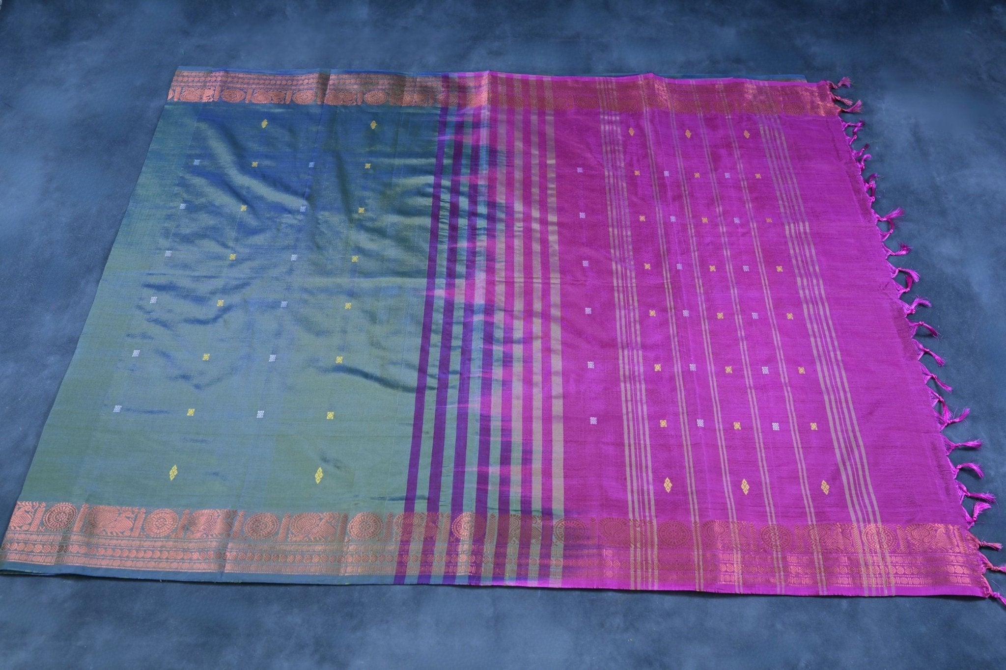Banana Pith Saree with Exquisite Copper Zari Border - JCSFashions Saree JCS Fashions Mehendi Green 5.5 meters