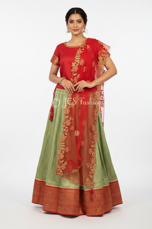 Red Banarasi Lehenga with Crop Top - Kanchi Border