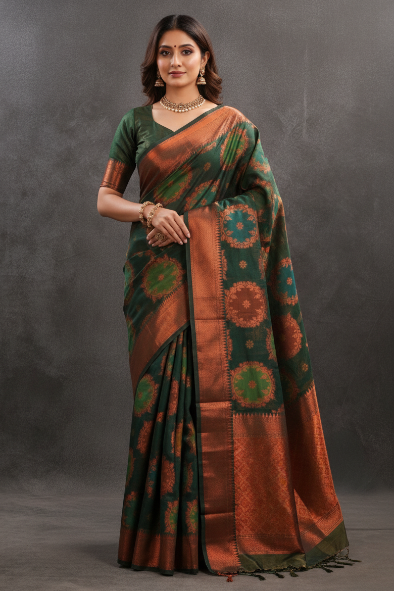 Banarasi Silk Saree with Ornate Zari Motifs and Contrast Brocade Blouse