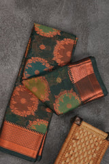Banarasi Silk Saree with Ornate Zari Motifs and Contrast Brocade Blouse Saree JCS Fashions Green 5.5 meters