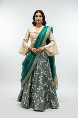 Green Printed Taffeta Silk Lehenga with Crop top