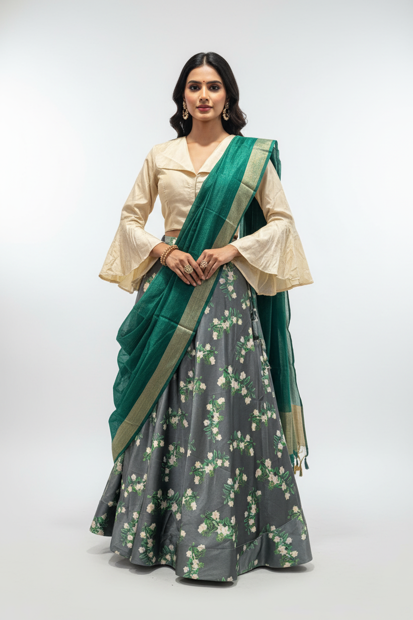 Green Printed Taffeta Silk Lehenga with Crop top