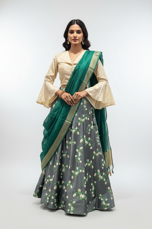 Green Printed Taffeta Silk Lehenga with Crop top