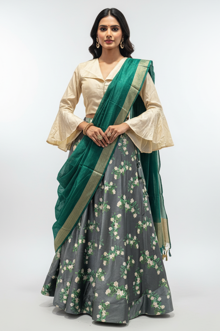 Green Printed Taffeta Silk Lehenga with Crop top