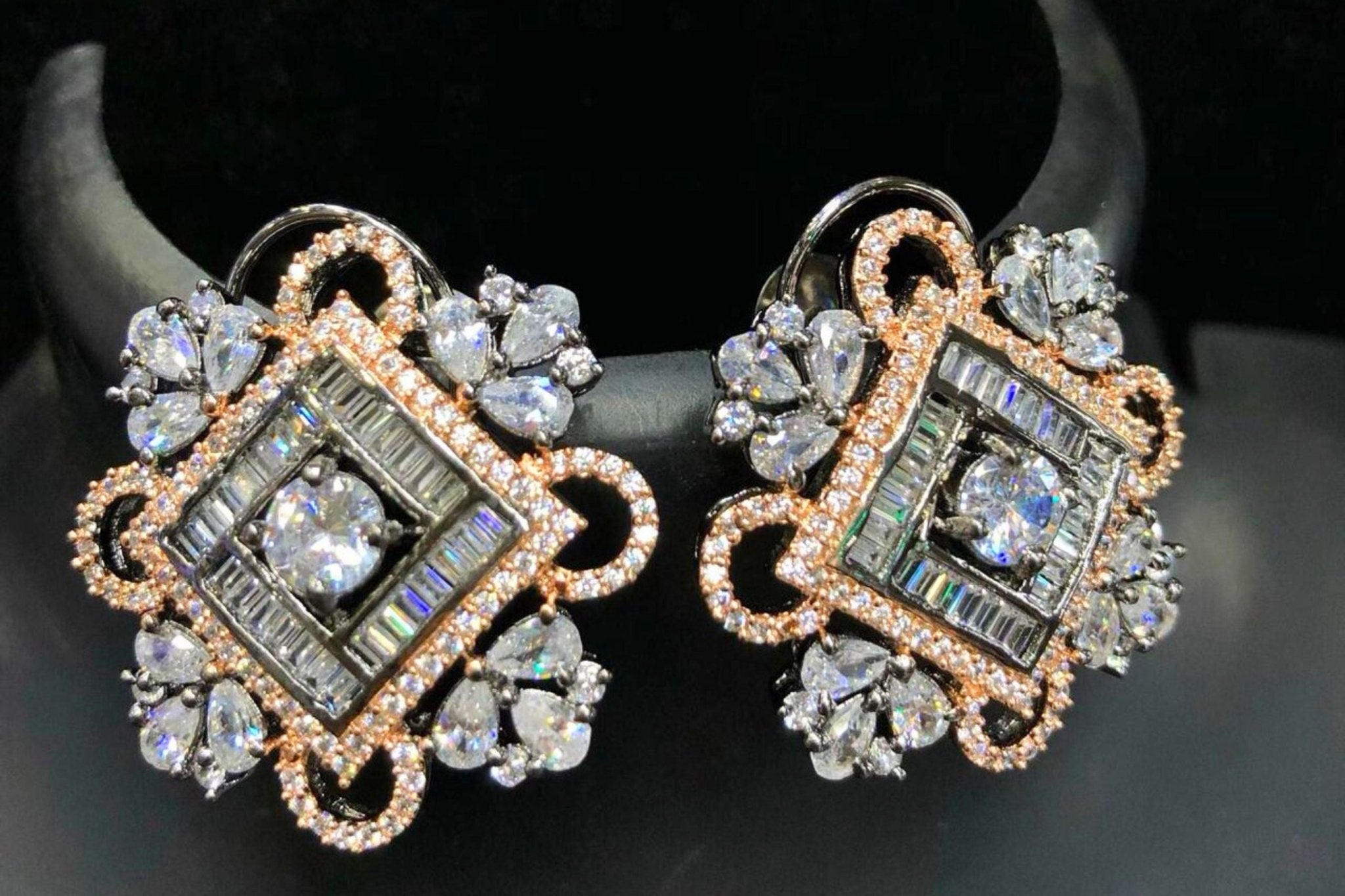 Black and Rosegold Polish with Sparkling Stones Stud Earrings - JCS Fashions