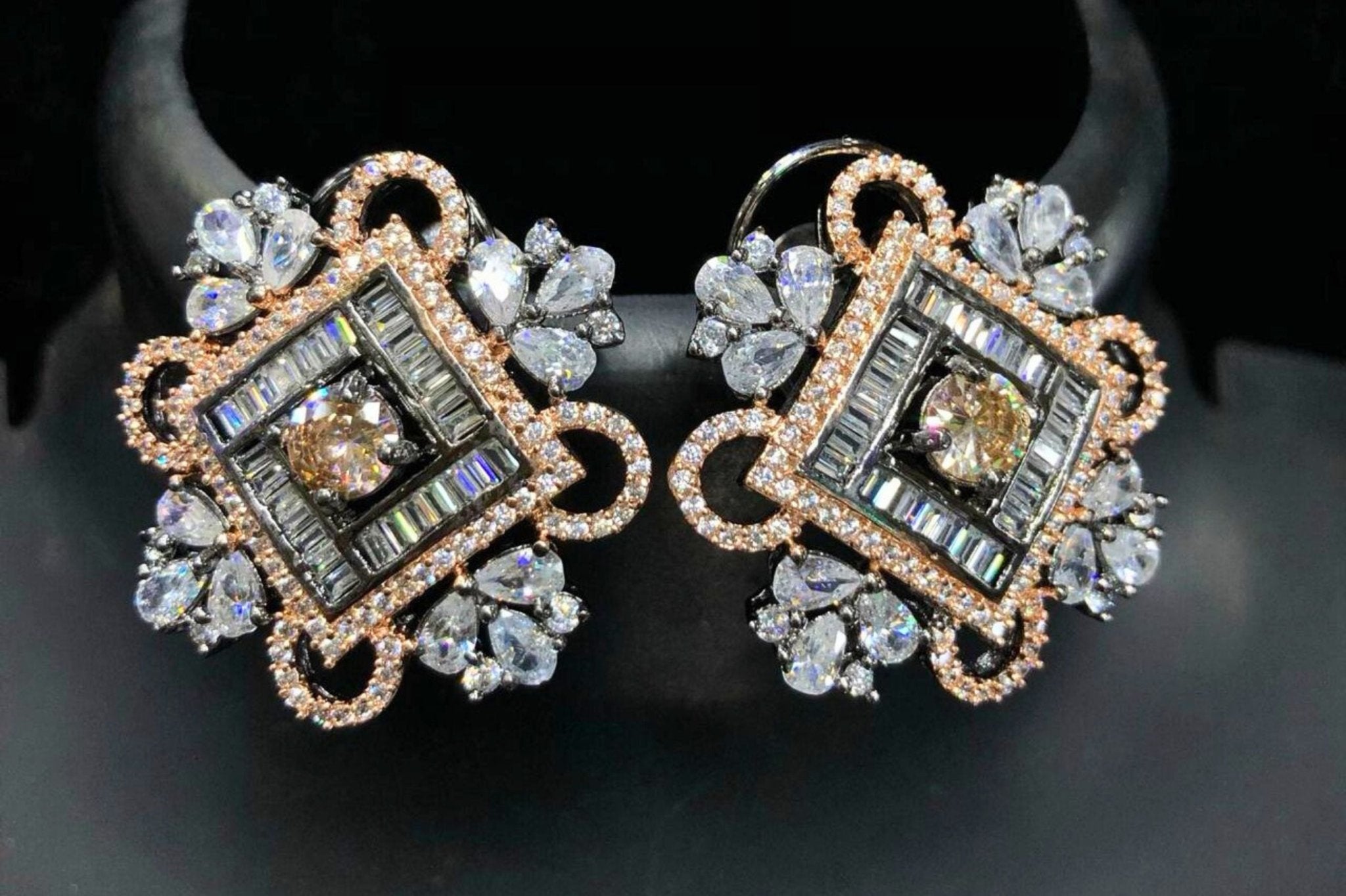 Black and Rosegold Polish with Sparkling Stones Stud Earrings - JCS Fashions
