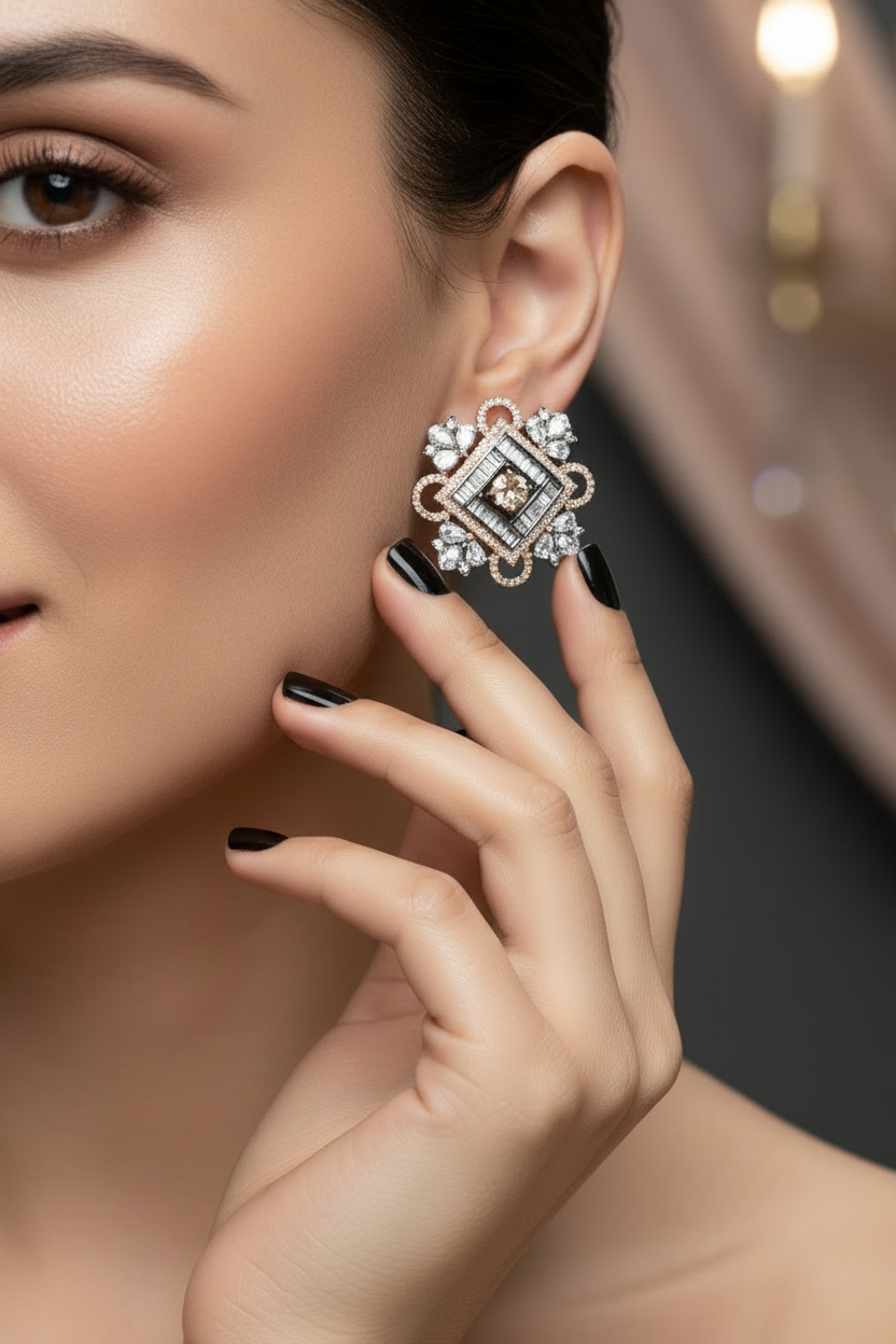 Rosegold Stud Earrings - Black, Sparkling Stones