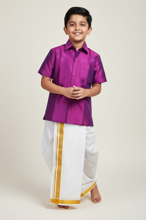 Boys' Purple Silk Cotton Shirt & Dhoti - Festive