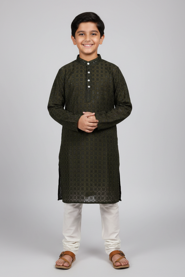 Boys' Green Lucknowi Kurta - Traditional Embroidery
