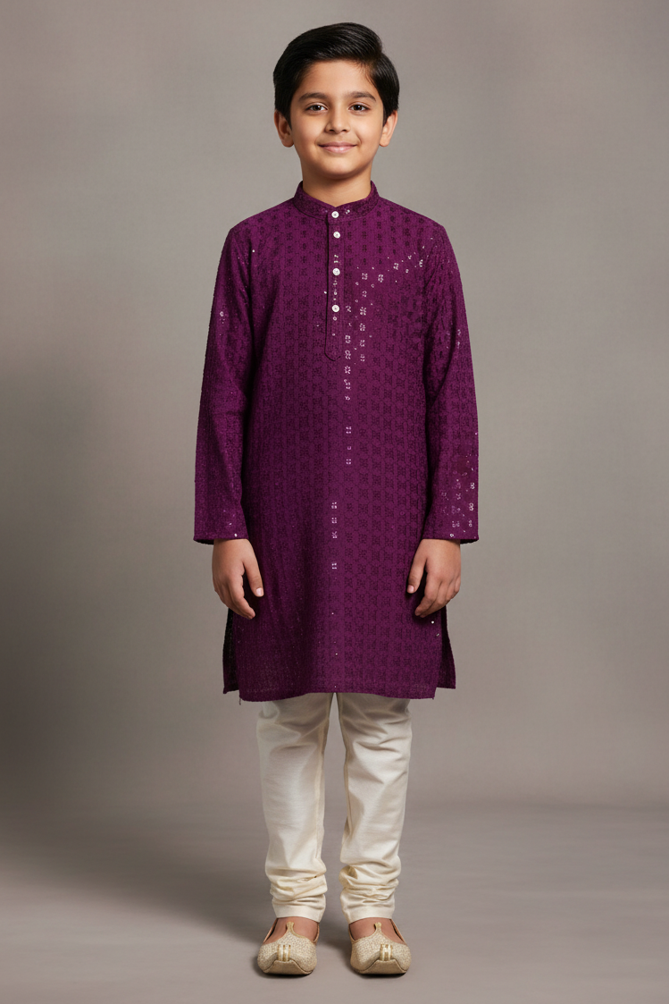 Boys' Purple Lucknowi Linen Blend Kurta