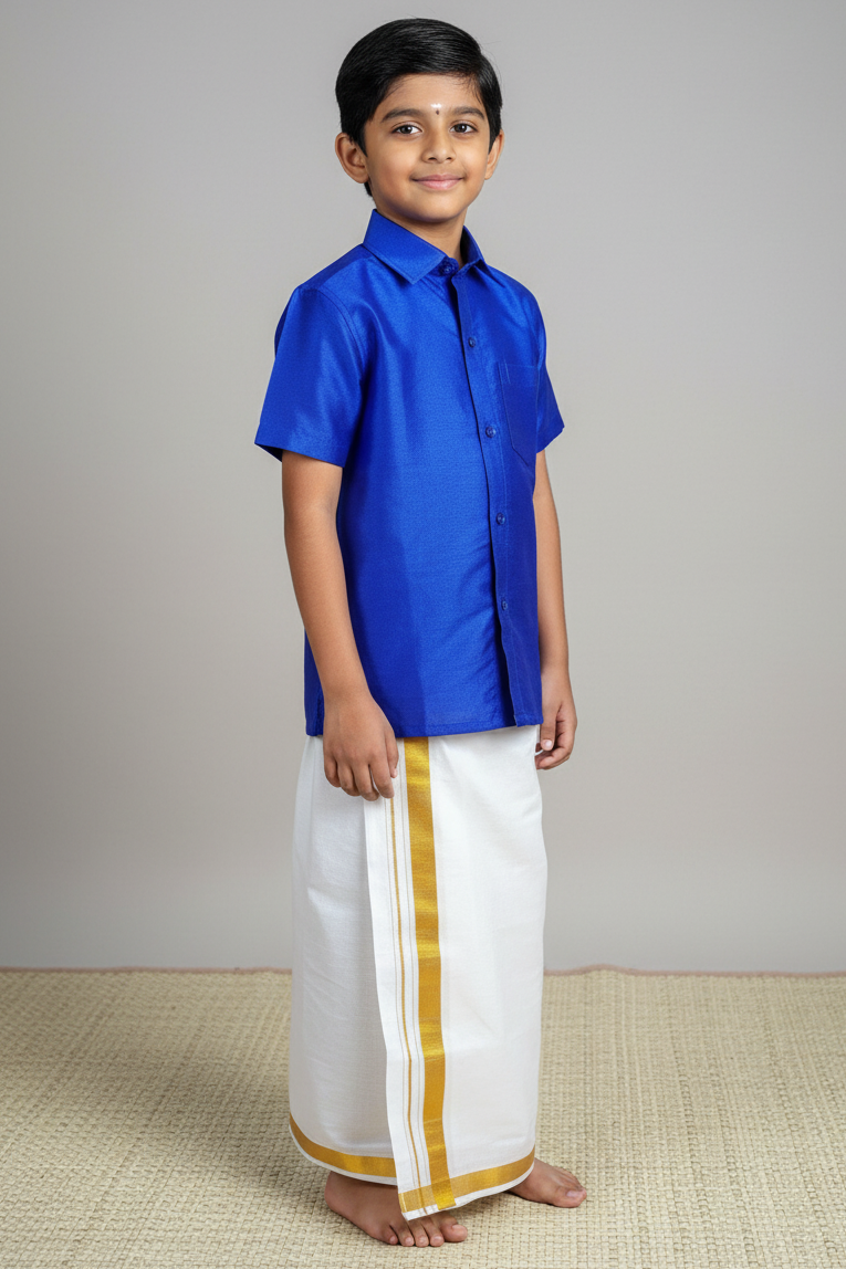 Boys' Blue Silk Cotton Shirt & Velcro Dhoti Set