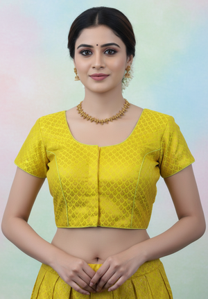 Yellow Brocade Silk Blouse - Short Sleeve, Padded