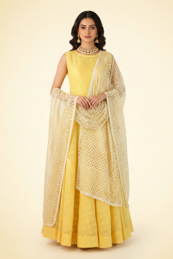 Chanderi Elegance: Silk Gown with Sequins , Embroidery and Net Dupatta