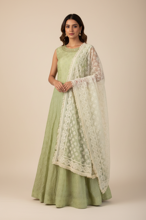 Chanderi Silk Long Gown With Sequins And Embroidery Work