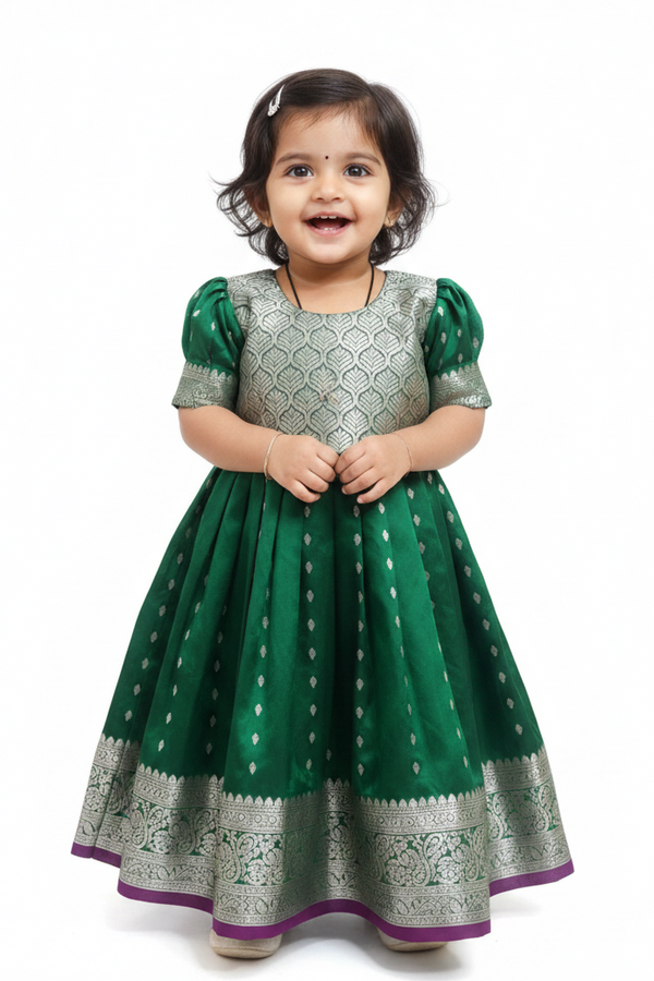 Girls' Green Banarasi Silk Frock - Silver Buttas