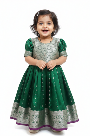 Girls' Green Banarasi Silk Frock - Silver Buttas