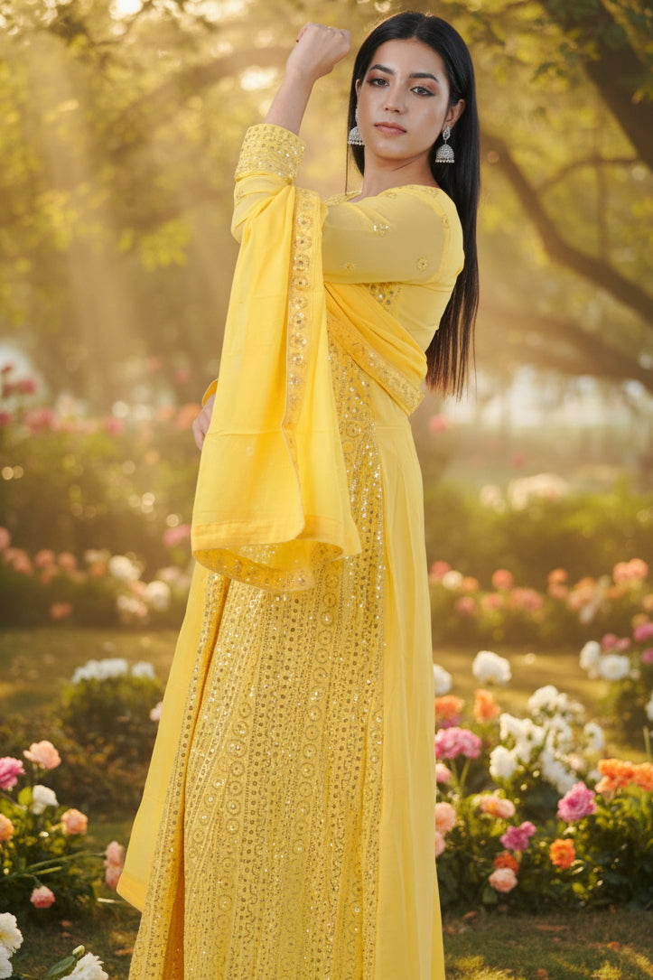 Chic Georgette Long Gown with Sequin Embellishments in Yellow KURTI JCS Fashions