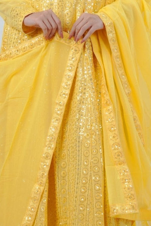 Chic Georgette Long Gown with Sequin Embellishments in Yellow KURTI JCS Fashions