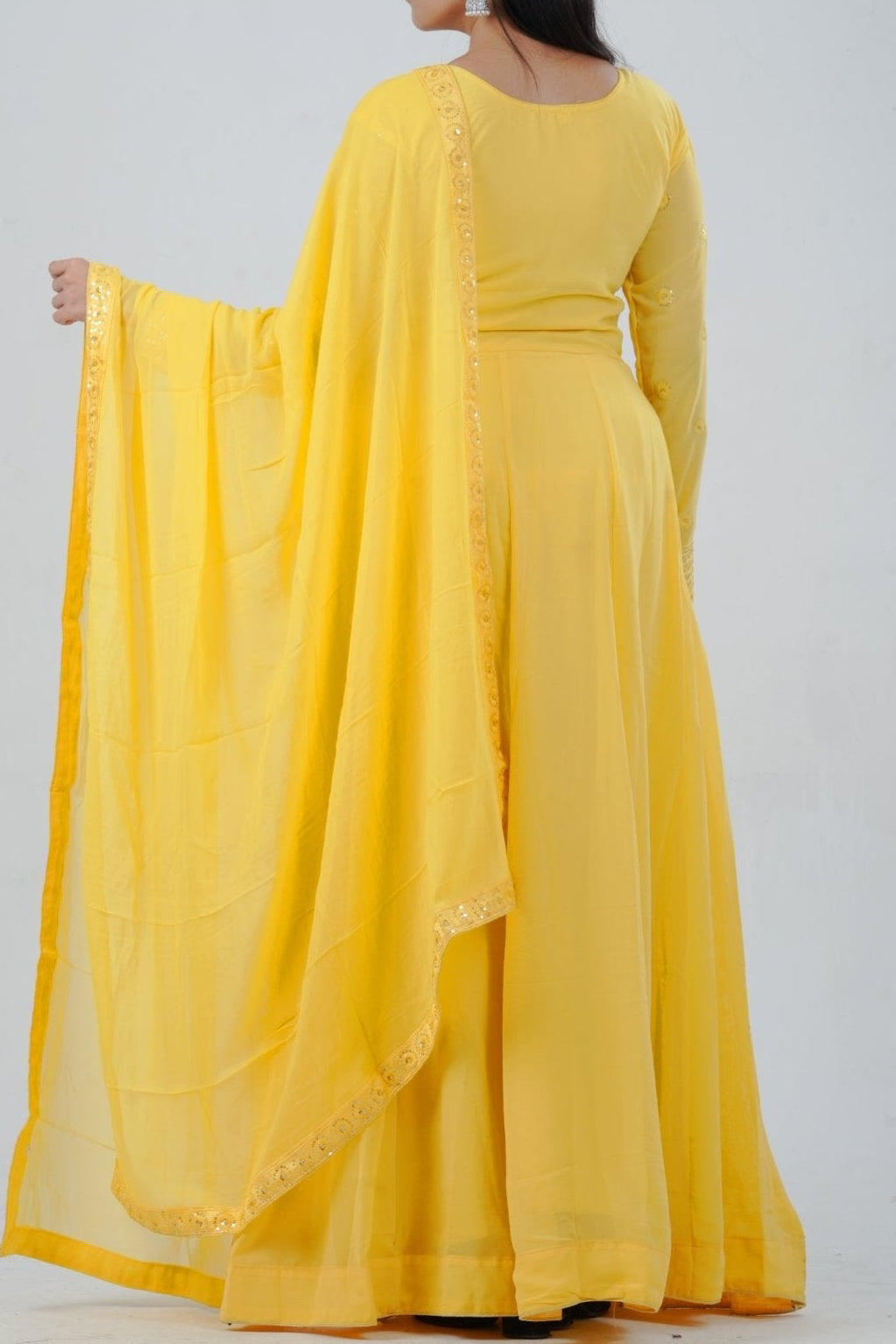 Chic Georgette Long Gown with Sequin Embellishments in Yellow KURTI JCS Fashions