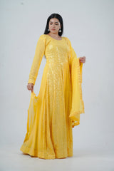 Chic Georgette Long Gown with Sequin Embellishments in Yellow KURTI JCS Fashions Yellow Medium (38)