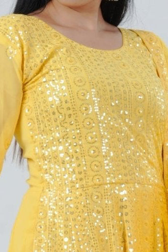 Chic Georgette Long Gown with Sequin Embellishments in Yellow KURTI JCS Fashions Yellow Medium (38)