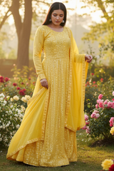 Yellow Georgette Long Gown with Sequin Embellishments