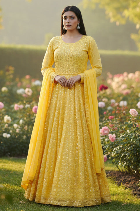 Chic Georgette Long Gown with Sequin Embellishments in Yellow KURTI JCS Fashions